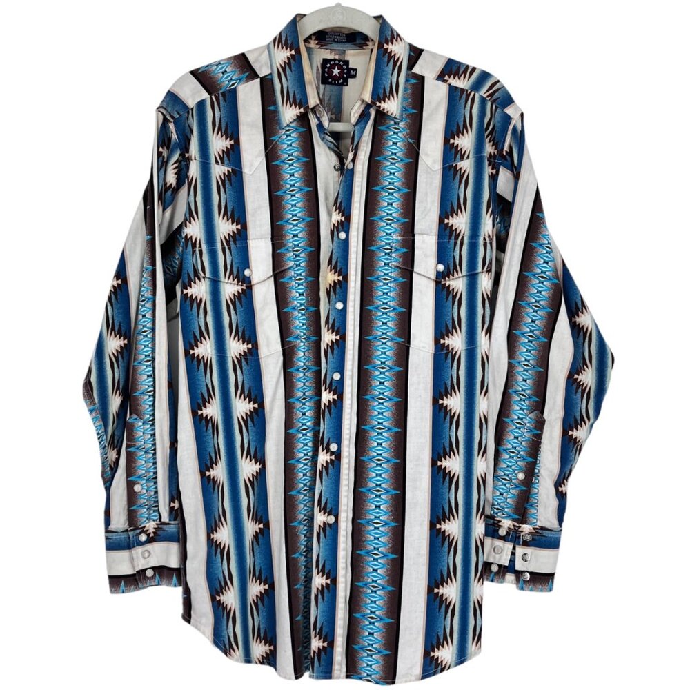 Vtg Panhandle Slim Western Pearl Snap Shirt Mens M Tan Brown Blue Aztec Print - Picture 12 of 12